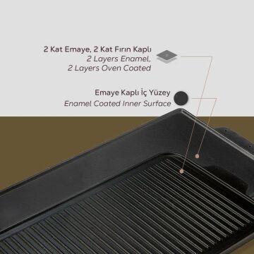 Lava Döküm Dikdörtgen Izgara Çift Yön Hot Plate Döküm Demir Yekpare Çift Kulplu Ölçü 26x47cm.