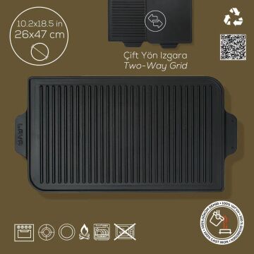 Lava Döküm Dikdörtgen Izgara Çift Yön Hot Plate Döküm Demir Yekpare Çift Kulplu Ölçü 26x47cm.