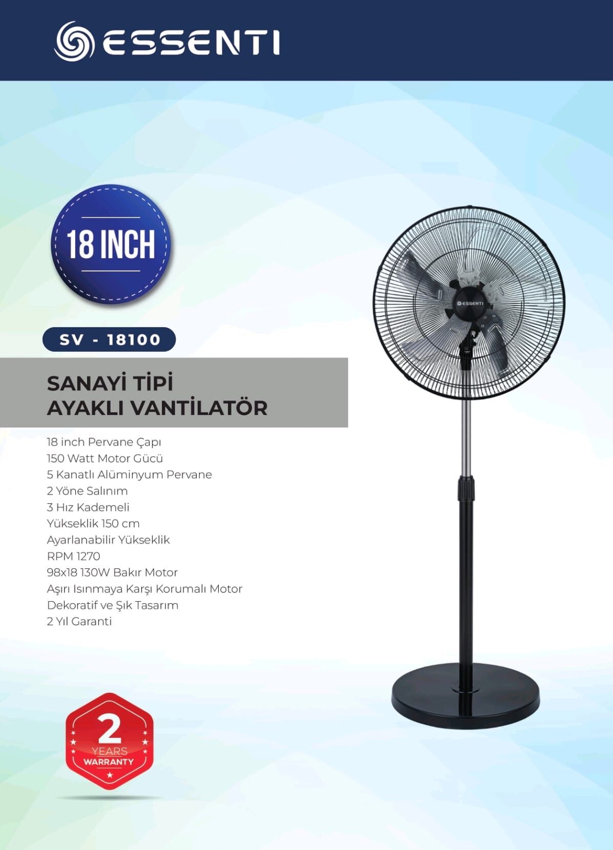Essenti EV-18100 Sanayi Tipi Ayaklı Vantilatör