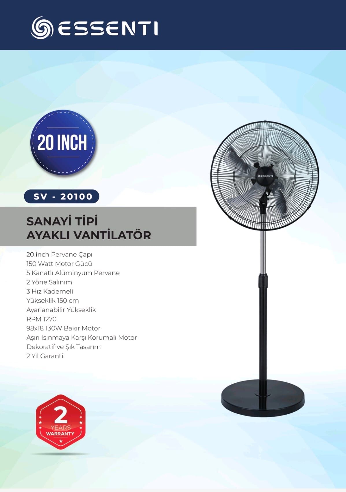 Essenti ev-20100 sanayi tipi ayaklı vantilatör