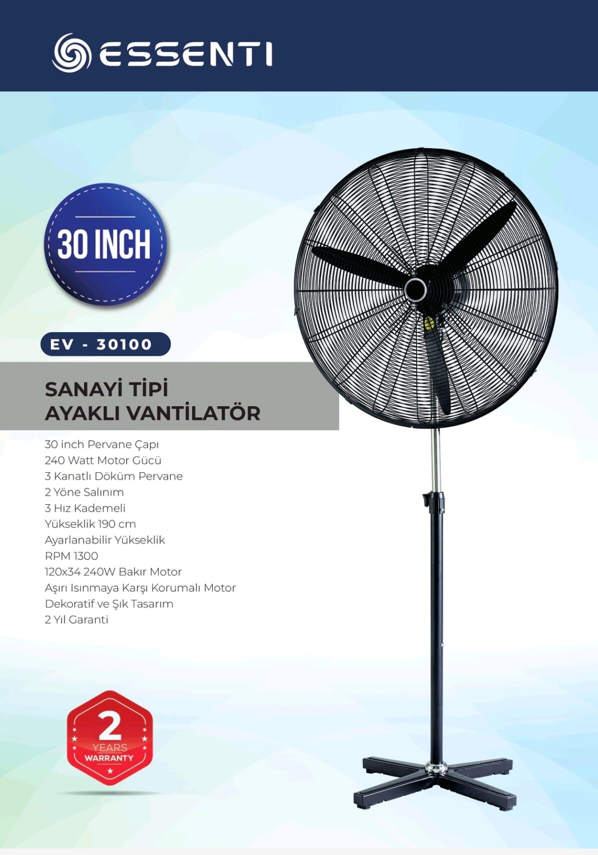 Essenti EV-30100 30'' Sanayi Tipi Ayaklı Vantilatör 240W
