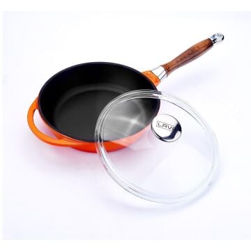Lava Döküm Yuvarlak Kızartma Tavası Cam Kapaklı Döküm Demir Sök - Tak Ahşap Sap Çap(Ø)24cm
