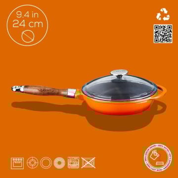 Lava Döküm Yuvarlak Kızartma Tavası Cam Kapaklı Döküm Demir Sök - Tak Ahşap Sap Çap(Ø)24cm