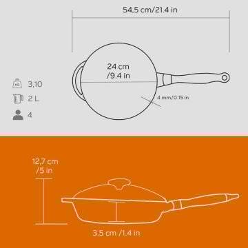 Lava Döküm Yuvarlak Kızartma Tavası Cam Kapaklı Döküm Demir Sök - Tak Ahşap Sap Çap(Ø)24cm
