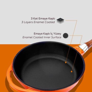 Lava Döküm Yuvarlak Kızartma Tavası Cam Kapaklı Döküm Demir Sök - Tak Ahşap Sap Çap(Ø)24cm