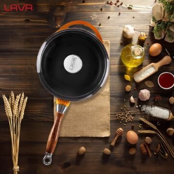 Lava Döküm Yuvarlak Kızartma Tavası Cam Kapaklı Döküm Demir Sök - Tak Ahşap Sap Çap(Ø)24cm