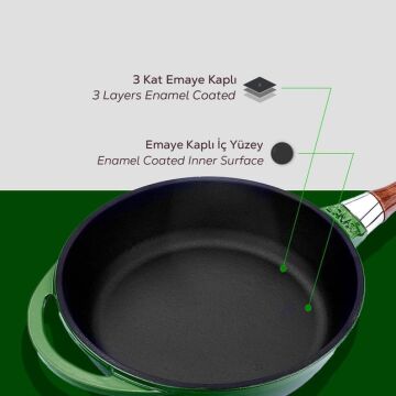 Lava Döküm Yuvarlak Kızartma Tavası Cam Kapaklı Döküm Demir Sök - Tak Ahşap Sap Çap(Ø)24cm
