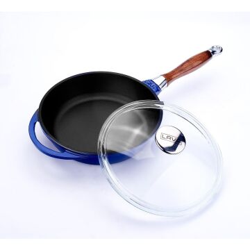 Lava Döküm Yuvarlak Kızartma Tavası Cam Kapaklı Döküm Demir Sök - Tak Ahşap Sap Çap(Ø)24cm