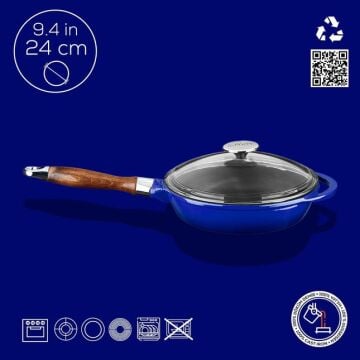 Lava Döküm Yuvarlak Kızartma Tavası Cam Kapaklı Döküm Demir Sök - Tak Ahşap Sap Çap(Ø)24cm