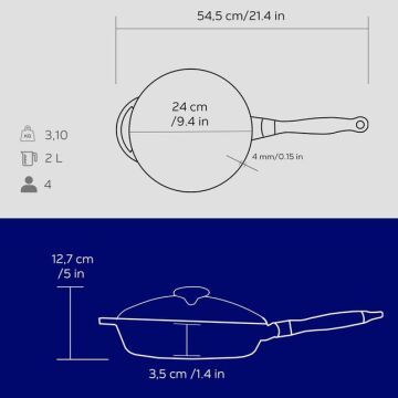 Lava Döküm Yuvarlak Kızartma Tavası Cam Kapaklı Döküm Demir Sök - Tak Ahşap Sap Çap(Ø)24cm