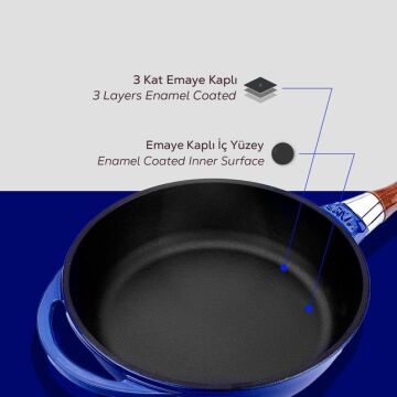 Lava Döküm Yuvarlak Kızartma Tavası Cam Kapaklı Döküm Demir Sök - Tak Ahşap Sap Çap(Ø)24cm