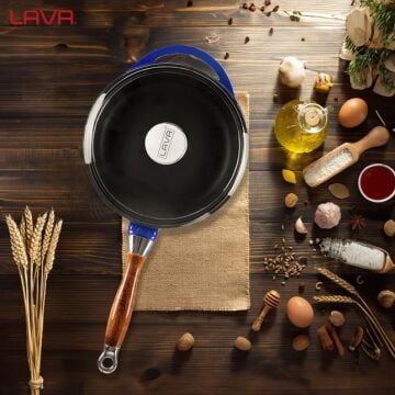 Lava Döküm Yuvarlak Kızartma Tavası Cam Kapaklı Döküm Demir Sök - Tak Ahşap Sap Çap(Ø)24cm