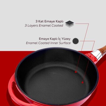 Lava Döküm Yuvarlak Kızartma Tavası Cam Kapaklı Döküm Demir Sök - Tak Ahşap Sap Çap(Ø)24cm