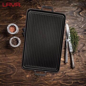 Lava Döküm Dikdörtgen Çift Yönlü Izgara Tavası Döküm Demir Yekpare Çift Kulplu Ölçü 29x44 cm.