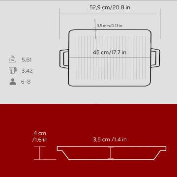 Lava Döküm Dikdörtgen Izgara Tavası Döküm Demir Yekpare Çift Kulplu Ölçü 26x45cm. - Kırmızı