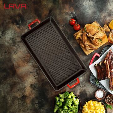 Lava Döküm Dikdörtgen Izgara Tavası Döküm Demir Yekpare Çift Kulplu Ölçü 26x45cm. - Kırmızı