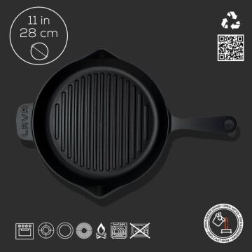 Lava Döküm Yuvarlak Izgara Tava Döküm Demir Yekpare Saplı Konkav Taban 12mm. Çap(Ø)28cm