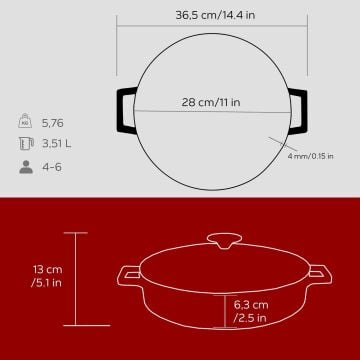 Lava Döküm Çok Amaçlı Yayvan Tencere. Folk Serisi Çap(Ø)28cm.
