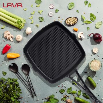 Lava Döküm Kare Izgara Tava Döküm Demir Yekpare Saplı. Ölçü 26x26cm.