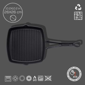 Lava Döküm Kare Izgara Tava Döküm Demir Yekpare Saplı. Ölçü 26x26cm.