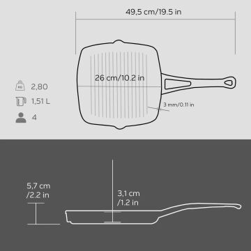 Lava Döküm Kare Izgara Tava Döküm Demir Yekpare Saplı. Ölçü 26x26cm.