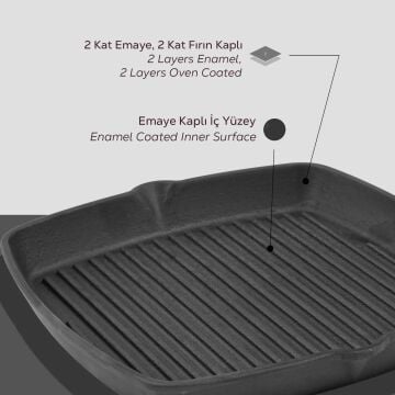 Lava Döküm Kare Izgara Tava Döküm Demir Yekpare Saplı. Ölçü 26x26cm.