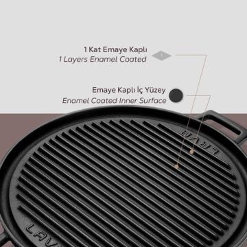 Lava Döküm Yuvarlak Çift Yön Izgara Tavası Döküm Demir Yekpare Çift Kulplu Çap(Ø)34cm.