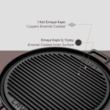 Lava Döküm Yuvarlak Çift Yön Izgara Tavası Döküm Demir Yekpare Çift Kulplu Çap(Ø)34cm.