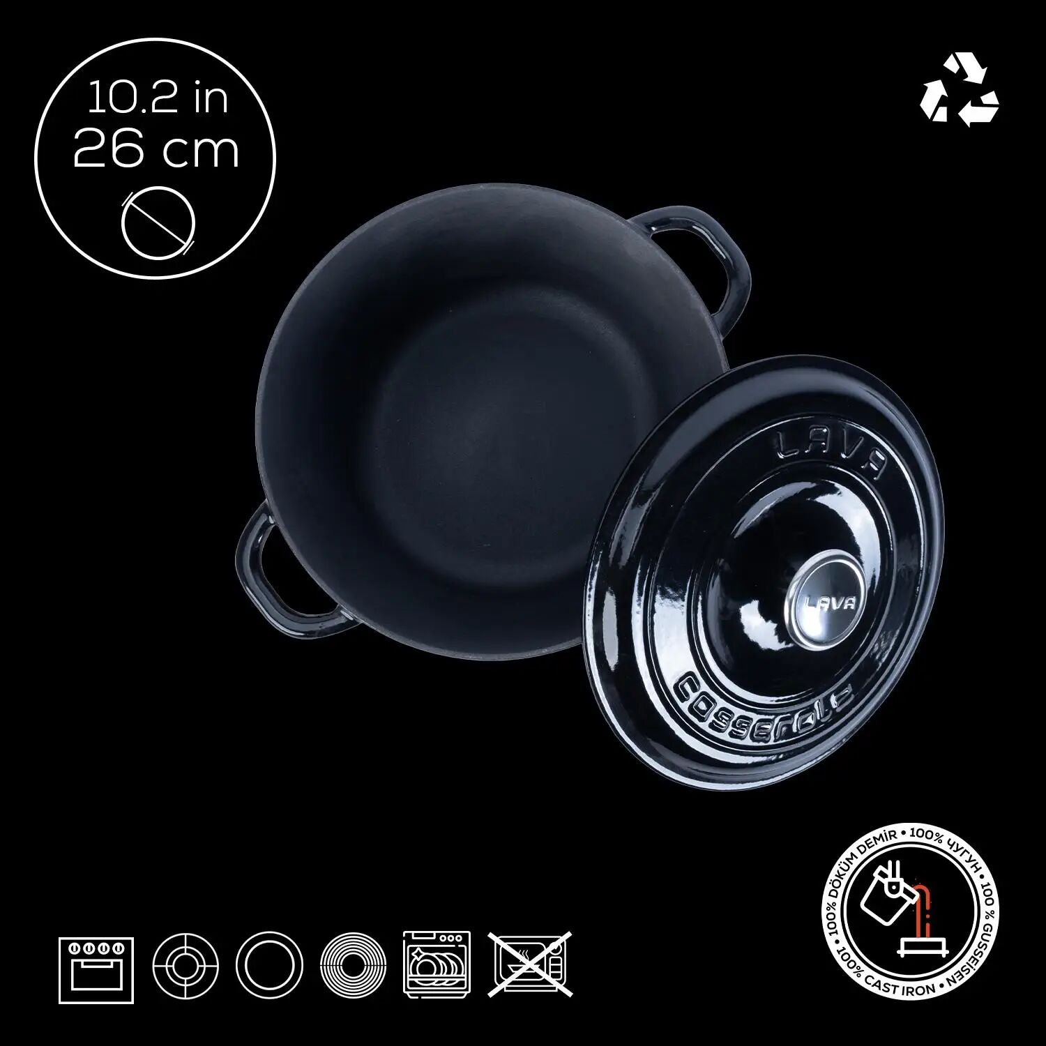 Lava Döküm Yuvarlak Tencere Döküm Demir Kapak New Heritage Serisi Çap(Ø)26cm.