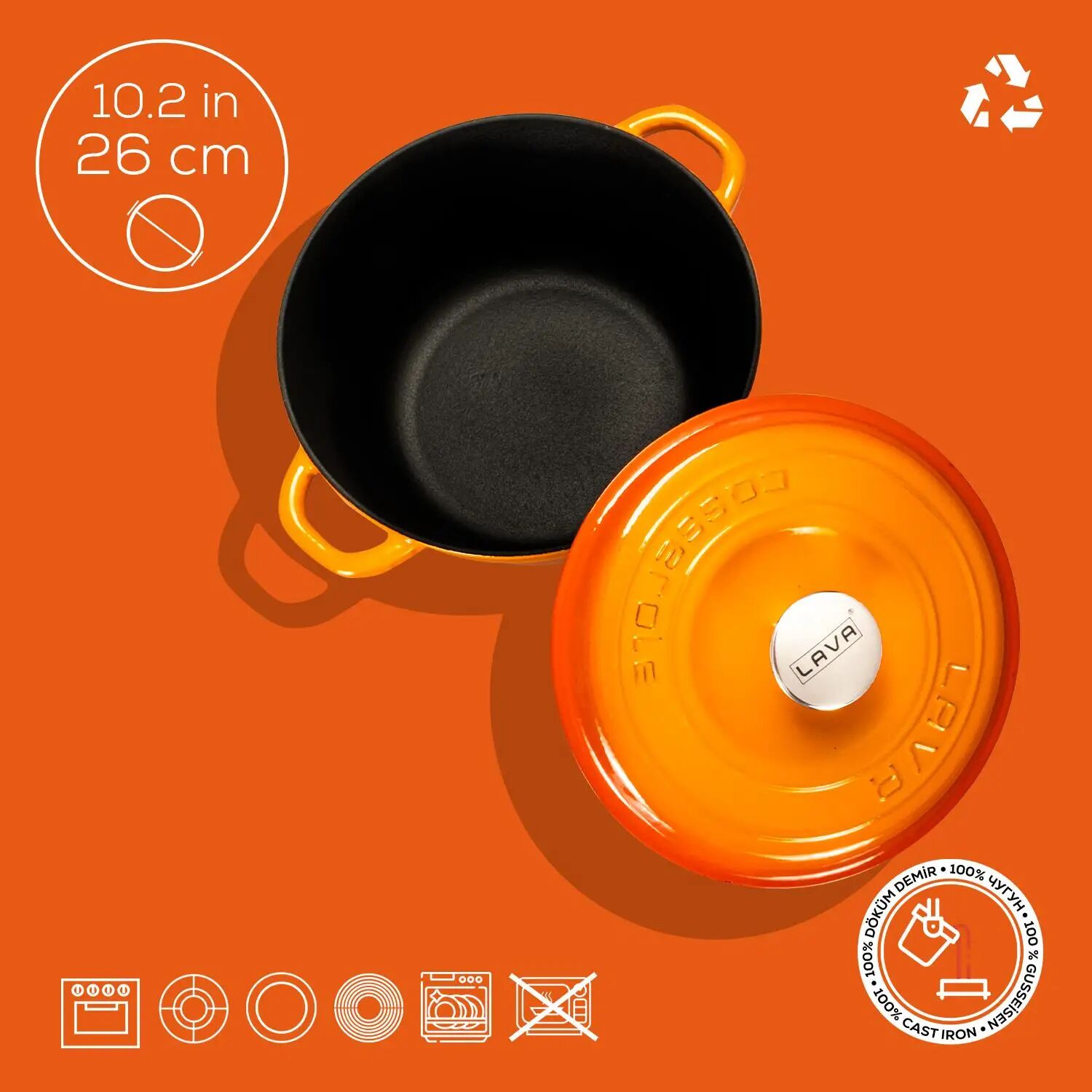 Lava Döküm Yuvarlak Tencere Döküm Demir Kapak New Heritage Serisi Çap(Ø)26cm.