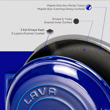 Lava Döküm Çok Amaçlı Yayvan Tencere Döküm Demir Kubbe Form Kapak Premium Serisi Çap(Ø)28cm.