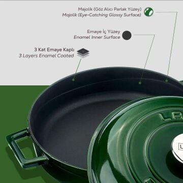 Lava Döküm Çok Amaçlı Yayvan Tencere Döküm Demir Kubbe Form Kapak Premium Serisi Çap(Ø)28cm.