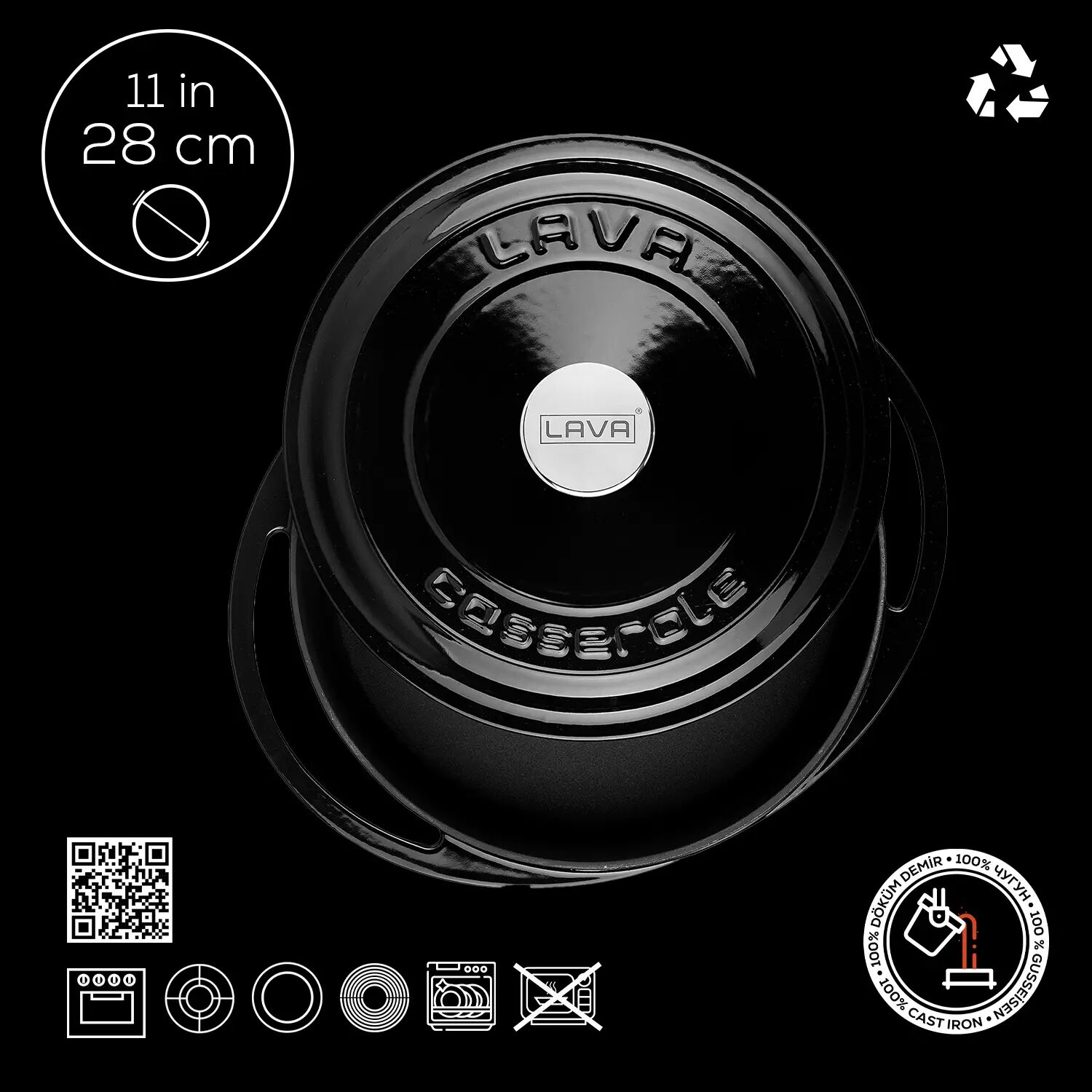 Lava Döküm Çok Amaçlı Yayvan Tencere Döküm Demir Kapak Heritage Serisi Çap(Ø)28cm.