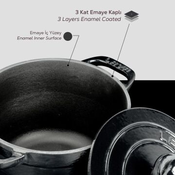 Lava Döküm Yuvarlak Tencere Döküm Demir Kapak Experience Serisi Çap(Ø)23cm