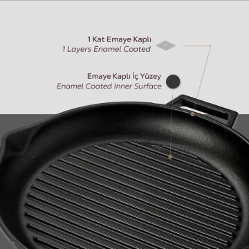 Lava Döküm Yuvarlak Izgara Tavası Döküm Demir Yekpare Çift Kulplu Çap(Ø)30cm.