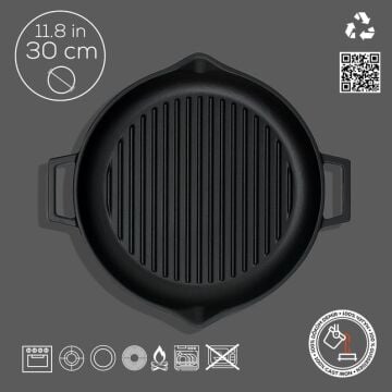 Lava Döküm Yuvarlak Izgara Tavası Döküm Demir Yekpare Çift Kulplu Çap(Ø)30cm.