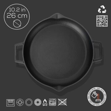 Lava Döküm Yuvarlak Kızartma Tavası Döküm Demir Yekpare Çift Kulplu Çap(Ø)26cm.