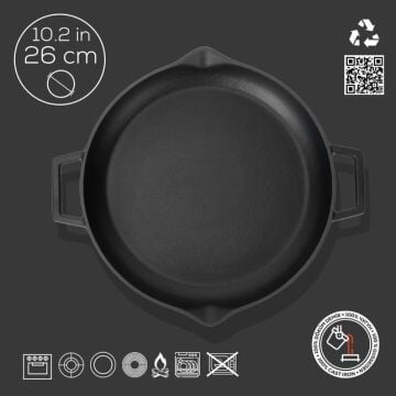 Lava Döküm Yuvarlak Kızartma Tavası Döküm Demir Yekpare Çift Kulplu Çap(Ø)26cm.