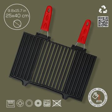 Lava Döküm Dikdörtgen Mangal Izgarası Silikon Paslanmaz Çift Tel Saplı Ölçü 40x25cm