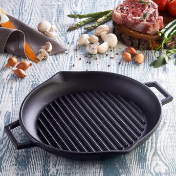 Lava Döküm Yuvarlak Izgara Tava Metal Kulplu Çap 26 CM