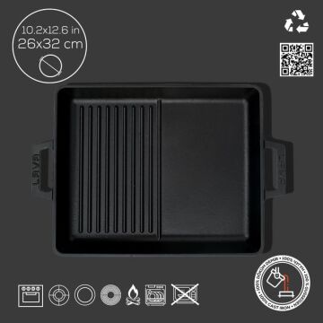 Lava Döküm Dikdörtgen Hibrit Izgara Tavası Döküm Demir Yekpare Çift Kulplu Ölçü 26x32cm.