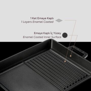 Lava Döküm Dikdörtgen Hibrit Izgara Tavası Döküm Demir Yekpare Çift Kulplu Ölçü 26x32cm.