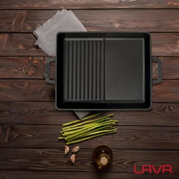 Lava Döküm Dikdörtgen Hibrit Izgara Tavası Döküm Demir Yekpare Çift Kulplu Ölçü 26x32cm.